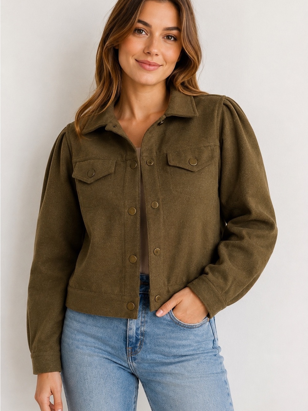 NWT For The Republic Puff Shoulder Felted Crop Jacket Olive Heather, Size XS